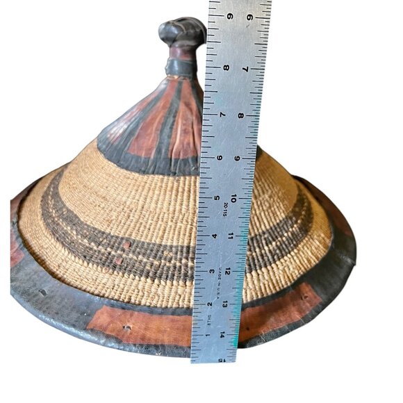 West African Tuareg Fulani Hat Tribal Handmade Leather & Grass Fiber Chin Strap - Picture 11 of 11